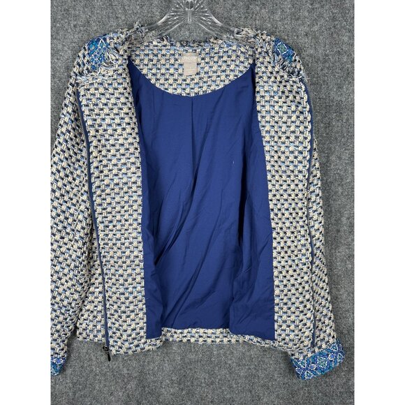 Chicos Tweed Jacket Size 1/US 8/10 Blue Zip Up Mixed Media Classy Preppy Blazer - Picture 8 of 13